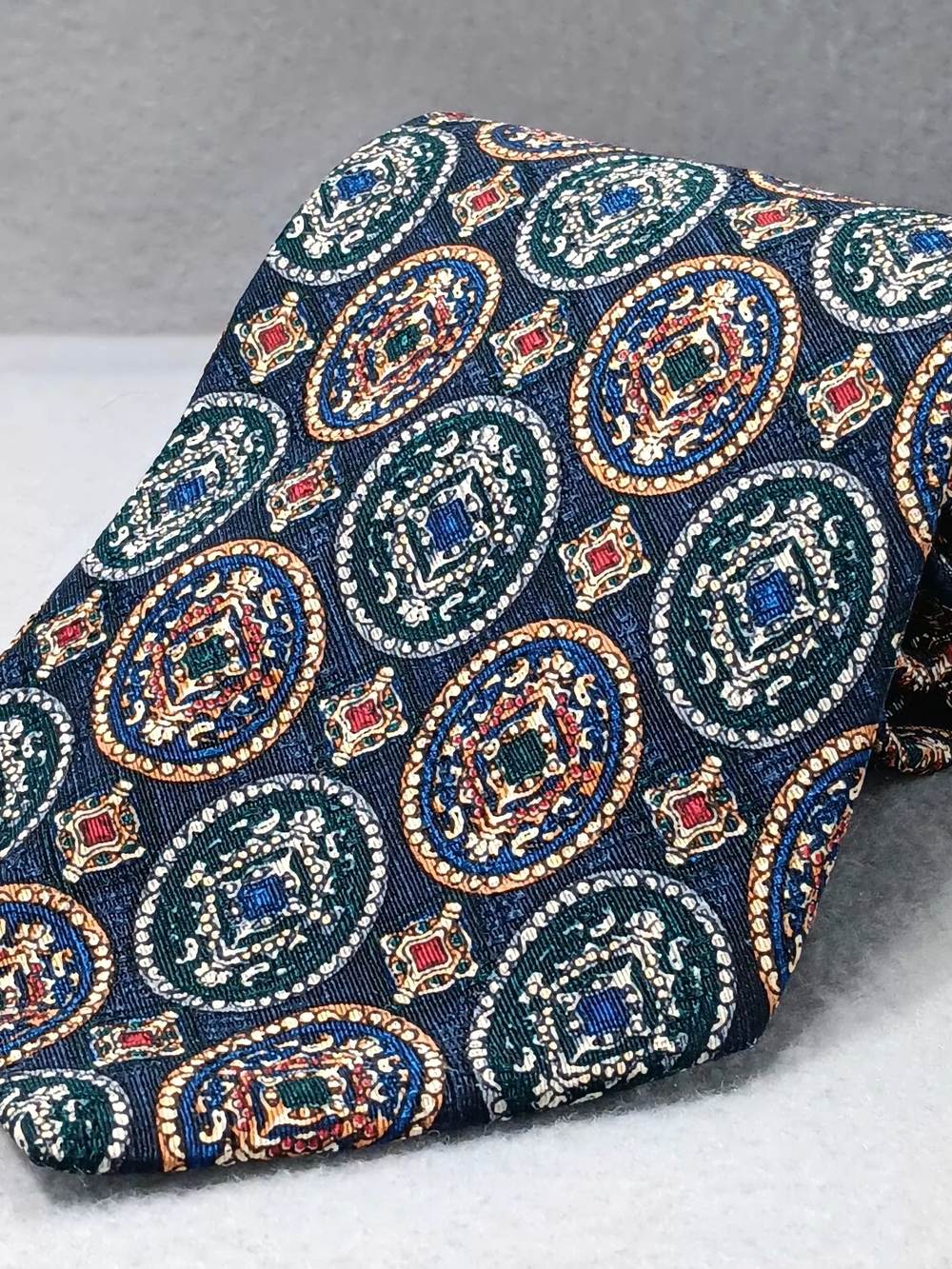 Vtg Pierre Balmain Silk Tie Medallion Motif Multicolor Extra Long Event Classic
